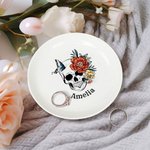 Personalized Floral Sugar Skull Ceramic Ring Dish Jewellery Tray with Name Day of the Dead Halloween Gift for Women