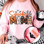 Personalised Spooky Mama Grandma Pumpkin Bat Design Crewneck Sweatshirt with 1-8 Names Halloween Costume Gift for Women