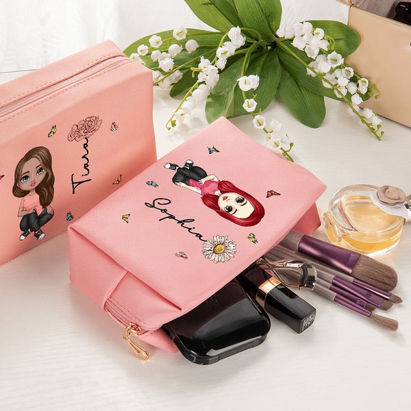 Travel Makeup Bag for Women, Personalized Cartoon Character, Birth Flower, and Name Leather Portable Pouch Bag