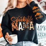 Personalised Spooky Mama Grandma Pumpkin Bat Design Crewneck Sweatshirt with 1-8 Names Halloween Costume Gift for Women
