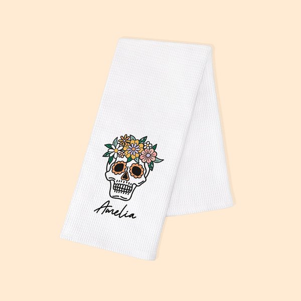 Serviette Gaufrée 100% Coton Personnalisée avec Nom Style Calavera Accessoire de Cuisine Cadeau Halloween Jour des Morts Mexique pour Famille Amis