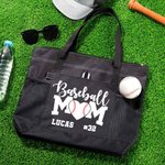 Personalized Baseball Softball Mom Large Zippered Tote Bag with Name and Number Game Day Birthday Gift for Women