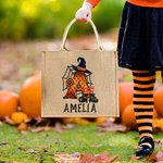 Personalized Pumpkin Bat Spider Web Trick Or Treat Initial Jute Tote Bag with Name Reusable Halloween Activity Accessories Gift for Kids