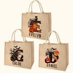 Personalized Pumpkin Bat Spider Web Trick Or Treat Initial Jute Tote Bag with Name Reusable Halloween Activity Accessories Gift for Kids