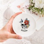 Personalized Floral Sugar Skull Ceramic Ring Dish Jewellery Tray with Name Day of the Dead Halloween Gift for Women