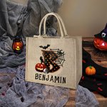 Personalized Pumpkin Bat Spider Web Trick Or Treat Initial Jute Tote Bag with Name Reusable Halloween Activity Accessories Gift for Kids