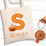 Personalisierte niedlichen Kürbis Canvas Tragetasche mit Namen und Initialen Trick oder behandeln Halloween Party Geschenke für Kinder