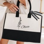 Personalized Line Birth Flower Large Capacity Beach Canvas Tote Bag with Waterproof Liner Bridal Party Summer Gift for Girls Women