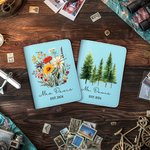 Personalized Pine Tree Wildflower Mr Mrs Leather Passport Holder with Name and Date Wedding Honeymoon Anniversary Gift for Couple Travel Lover