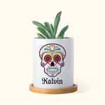 Personalized Sugar Skull Name Ceramic Succulent Planter Pot with Drainage and Bamboo Base Day of the Dead Halloween Gift for Family Friend