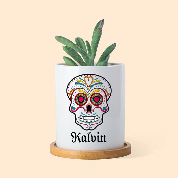Personalised Sugar Skull Name Ceramic Succulent Planter Pot with Drainage and Bamboo Base Day of the Dead Halloween Gift for Family Friend