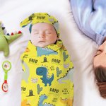 Personalized Cute Dinosaur Soft Swaddle Blanket and Knot Hat Set with Name Birthday Baby Shower Gift for Newborns Baby Boy