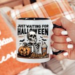 Personalized Skeleton Just Waiting for Halloween Pumpkin 11oz Ceramic Mug with Name Funny Halloween Holiday Gift for Family Friend