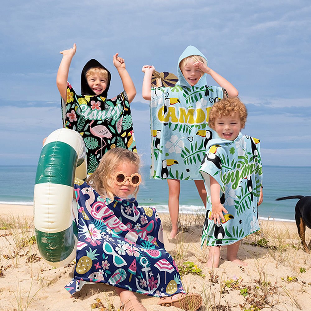 Personalized Quick Dry Sand Free Tropical Holiday Flamingos Hooded Beach Towel with Name for Kids