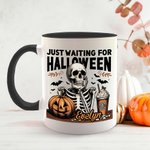 Personalized Skeleton Just Waiting for Halloween Pumpkin 11oz Ceramic Mug with Name Funny Halloween Holiday Gift for Family Friend