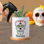 Personalized Sugar Skull Name Ceramic Succulent Planter Pot with Drainage and Bamboo Base Day of the Dead Halloween Gift for Family Friend