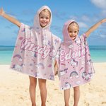 Personalized Quick Dry Sand Free Pink Cartoon Rainbow Fantasy Unicorn Hooded Beach Towel with Name Birthday Summer Gift for Girl