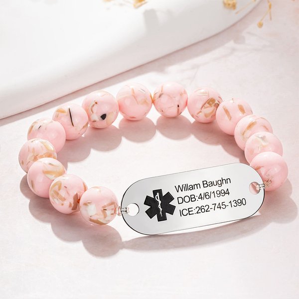 Personalized Medical Emergency Alert ID Elastic Pink Beaded Bracelet with Engraved Text First Aid for Allergy Diabetic Women