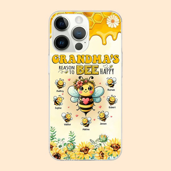 Personligt Mamma's Reason to Bee Happy Telefonfodral för iPhone med 1-10 namn Familj Födelsedagspresent till mormor mamma