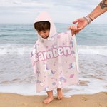 Personalized Quick Dry Sand Free Pink Cartoon Rainbow Fantasy Unicorn Hooded Beach Towel with Name Birthday Summer Gift for Girl