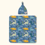 Personalized Cute Dinosaur Soft Swaddle Blanket and Knot Hat Set with Name Birthday Baby Shower Gift for Newborns Baby Boy