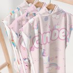 Personalized Quick Dry Sand Free Pink Cartoon Rainbow Fantasy Unicorn Hooded Beach Towel with Name Birthday Summer Gift for Girl