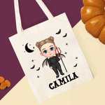 Personalized Cute Cartoon Character Vampire Bats Canvas Tote Bag with Name Trick or Treat Halloween Party Favors Gift for Kids