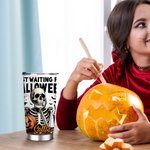 Personalized Skeleton Just Waiting for Halloween Pumpkin 20oz Name Tumbler with Lid Straw Funny Halloween Holiday Gift for Family Friend
