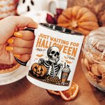 Personalized Skeleton Just Waiting for Halloween Pumpkin 11oz Ceramic Mug with Name Funny Halloween Holiday Gift for Family Friend