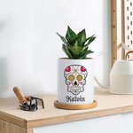 Personalized Sugar Skull Name Ceramic Succulent Planter Pot with Drainage and Bamboo Base Day of the Dead Halloween Gift for Family Friend