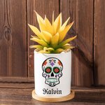 Personalized Sugar Skull Name Ceramic Succulent Planter Pot with Drainage and Bamboo Base Day of the Dead Halloween Gift for Family Friend