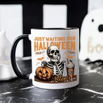 Personalized Skeleton Just Waiting for Halloween Pumpkin 11oz Ceramic Mug with Name Funny Halloween Holiday Gift for Family Friend