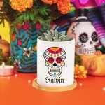 Personalized Sugar Skull Name Ceramic Succulent Planter Pot with Drainage and Bamboo Base Day of the Dead Halloween Gift for Family Friend