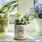 Personalized Sugar Skull Name Ceramic Succulent Planter Pot with Drainage and Bamboo Base Day of the Dead Halloween Gift for Family Friend