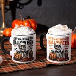 Personalized Skeleton Just Waiting for Halloween Pumpkin 11oz Ceramic Mug with Name Funny Halloween Holiday Gift for Family Friend
