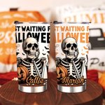 Personalized Skeleton Just Waiting for Halloween Pumpkin 20oz Name Tumbler with Lid Straw Funny Halloween Holiday Gift for Family Friend