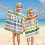 Personalised Vintage Colored Stripes Soft Quick Dry Kid Hooded Beach Towel with Name Summer Vacation Beach Accessories Gift for Kids