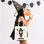 Personalized Cute Cartoon Character Vampire Bats Canvas Tote Bag with Name Trick or Treat Halloween Party Favors Gift for Kids