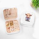 Personalised Birth Flower Highland Cow Portable Leather Jewellery Box with Name Birthday Gift for Women Highland Cow Lovers