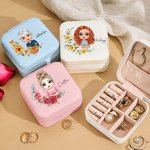 Personalized Portable Cartoon Characters Travel Jewelry Box with Birth Flower Birthday Wedding Gift for Women