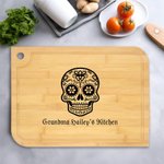 Personalized Sugar Skull Name Wooden Carving Cutting Board with Juice Groove and Grip Day of the Dead Housewarming Gift for Family Friend