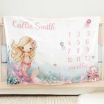 Personalized Pink Mermaid Princess Monthly Milestone Blanket with Name Cute Nursery Decor Baby Shower Birthday Gift for Newborns Baby Girls