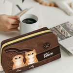 Personifierad tecknad katt Retro läder vattentät öppen bred sminkväska väska med namn resor Essentials födelsedagspresent för kvinnor husdjursälskare