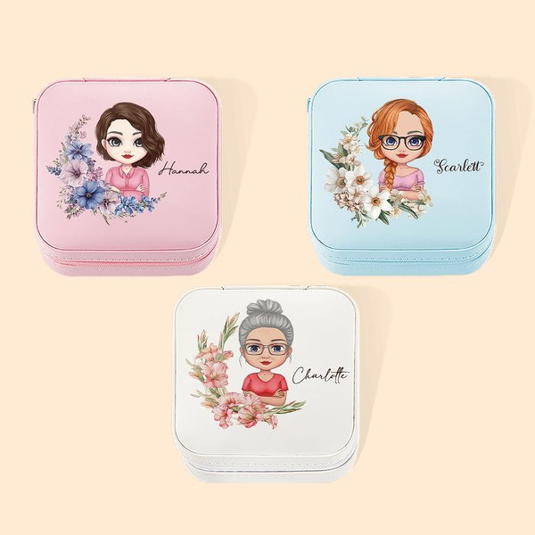 Personalized Portable Cartoon Characters Travel Jewelry Box with Birth Flower Birthday Wedding Gift for Women