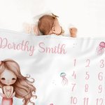 Personalized Pink Mermaid Princess Monthly Milestone Blanket with Name Cute Nursery Decor Baby Shower Birthday Gift for Newborns Baby Girls