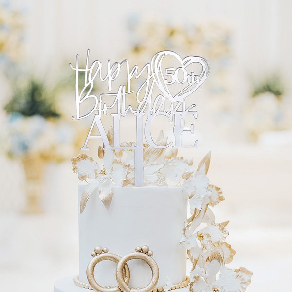 Gepersonaliseerde Glitter Spiegel Acryl Gelukkige Verjaardag Cake Topper met Naam en Hart Leeftijd Verjaardagsfeestje Decoratie Benodigdheden