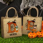 Henkilökohtainen sarjakuvahahmo Kurpitsa Design temppu tai Treat karkkia Juutti Kangaskassi kanssa Initial & nimi Halloween puolue suosii lahja lapsille