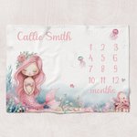 Personalized Pink Mermaid Princess Monthly Milestone Blanket with Name Cute Nursery Decor Baby Shower Birthday Gift for Newborns Baby Girls