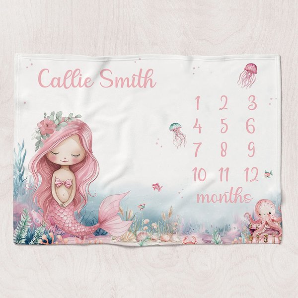 Personalized Pink Mermaid Princess Monthly Milestone Blanket with Name Cute Nursery Decor Baby Shower Birthday Gift for Newborns Baby Girls
