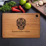 Personalized Sugar Skull Name Wooden Carving Cutting Board with Juice Groove and Grip Day of the Dead Housewarming Gift for Family Friend